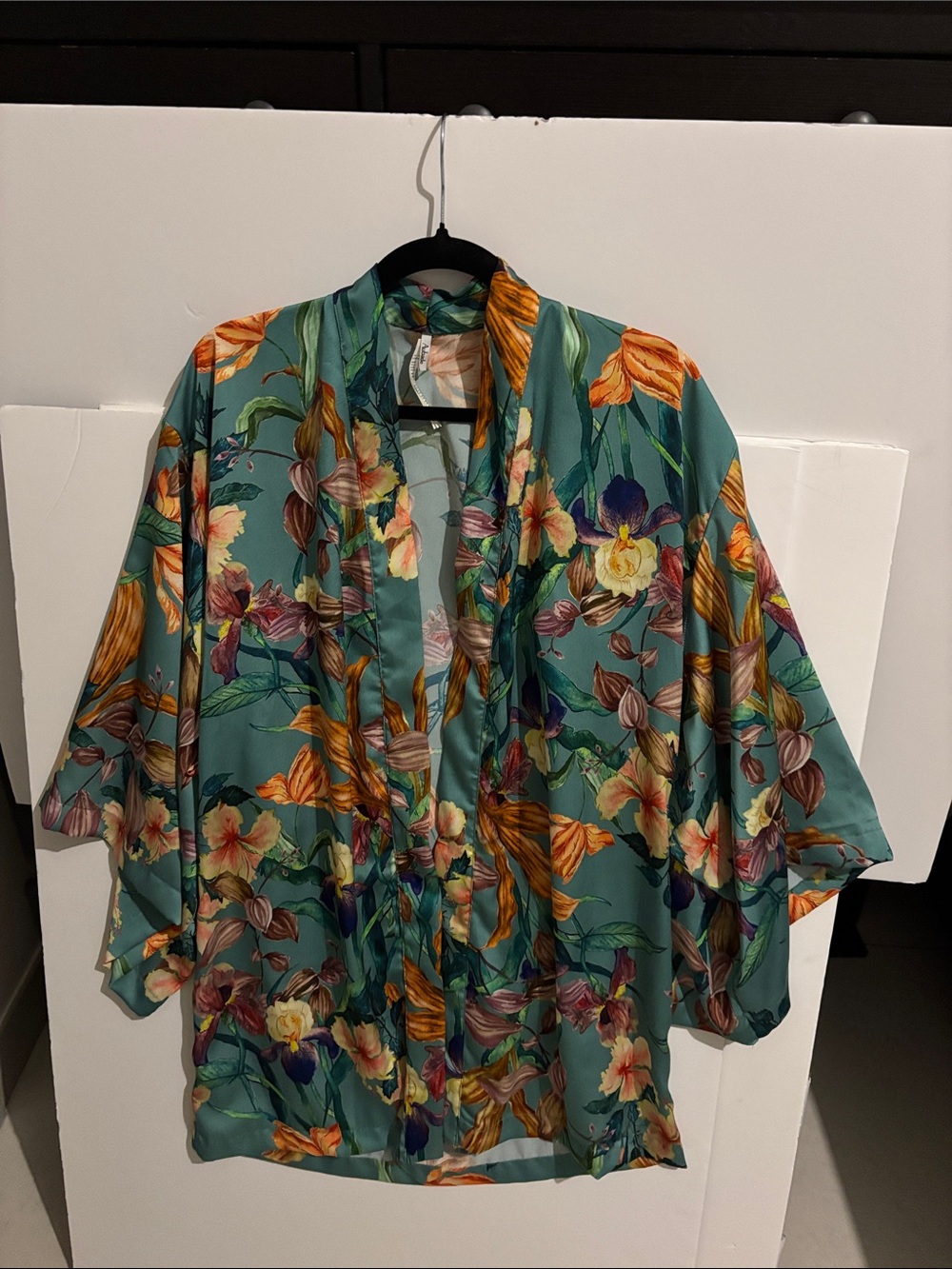 Aubade Teal Floral Satin Robe with Orange and Purple Accents